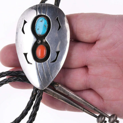 Large c1950's Navajo Sterling - Turquoise and coral shadowbox bolo - Estate Fresh Austin