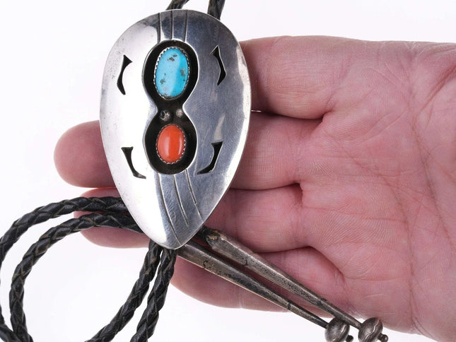 Large c1950's Navajo Sterling - Turquoise and coral shadowbox bolo - Estate Fresh Austin