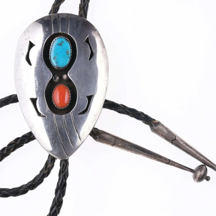 Large c1950's Navajo Sterling - Turquoise and coral shadowbox bolo - Estate Fresh Austin