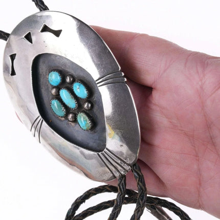 Large c1950's Navajo Sterling - Turquoise turquoise shadowbox bolo - Estate Fresh Austin
