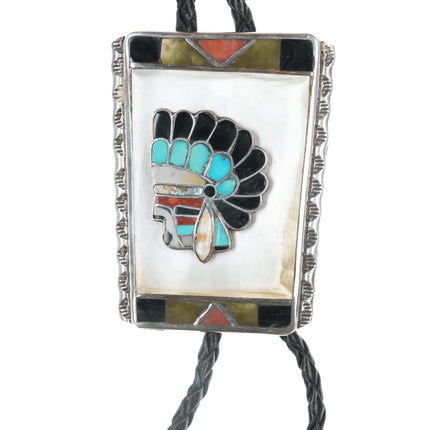 Large c1960 c-31 Vera Luna Zuni Sterling channel inlay "Indian Chief" bolo tie - Estate Fresh Austin