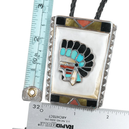 Large c1960 c-31 Vera Luna Zuni Sterling channel inlay "Indian Chief" bolo tie - Estate Fresh Austin