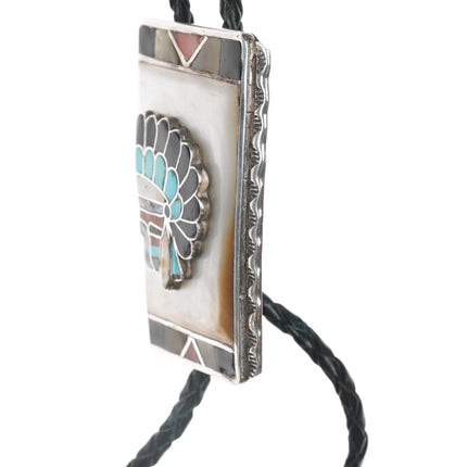 Large c1960 c-31 Vera Luna Zuni Sterling channel inlay "Indian Chief" bolo tie - Estate Fresh Austin