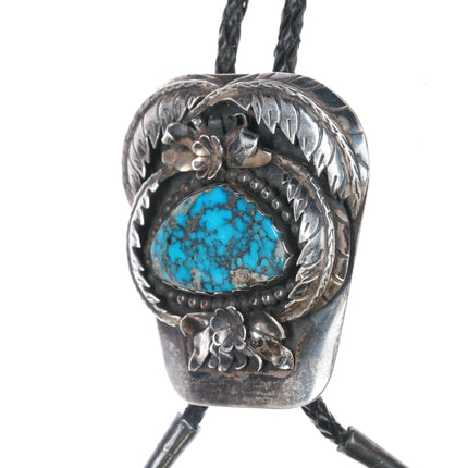 Large c1970 R Earl Church Navajo sterling and high grade turquoise bolo tie - Estate Fresh Austin