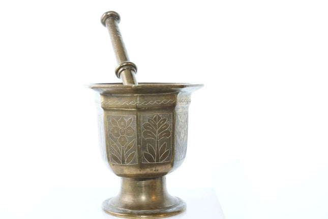 Large Early Antique Ornate Brass Mortar and Pestle - Estate Fresh Austin