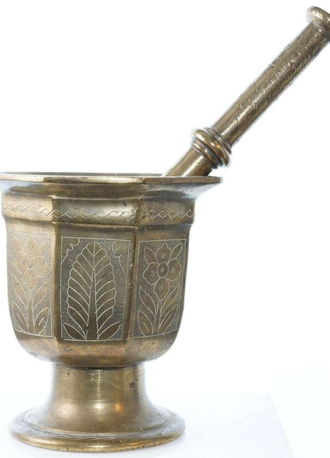 Large Early Antique Ornate Brass Mortar and Pestle - Estate Fresh Austin