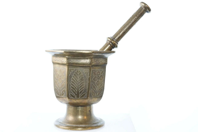 Large Early Antique Ornate Brass Mortar and Pestle - Estate Fresh Austin