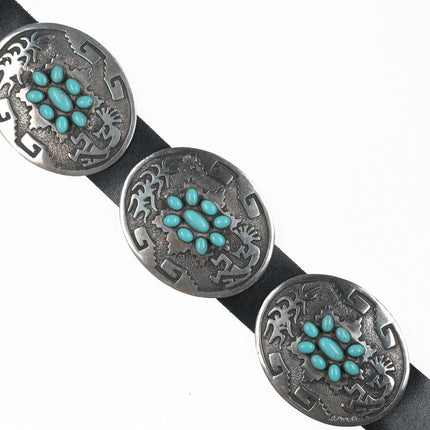 Large Emerson Kinzel Navajo Sterling and Kingman turquoise cluster concho belt - Estate Fresh Austin