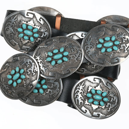 Large Emerson Kinzel Navajo Sterling and Kingman turquoise cluster concho belt - Estate Fresh Austin