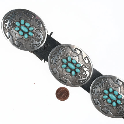 Large Emerson Kinzel Navajo Sterling and Kingman turquoise cluster concho belt - Estate Fresh Austin
