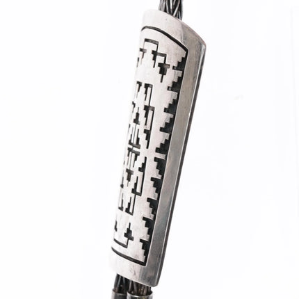 Large Everett & Mary Teller Navajo sterling bolo tie with woven silver cord - Estate Fresh Austin
