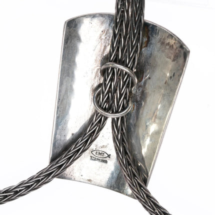 Large Everett & Mary Teller Navajo sterling bolo tie with woven silver cord - Estate Fresh Austin