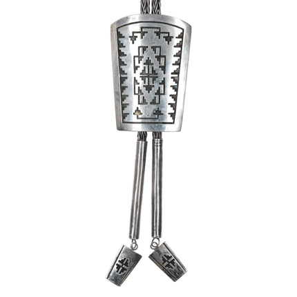 Large Everett & Mary Teller Navajo sterling bolo tie with woven silver cord - Estate Fresh Austin