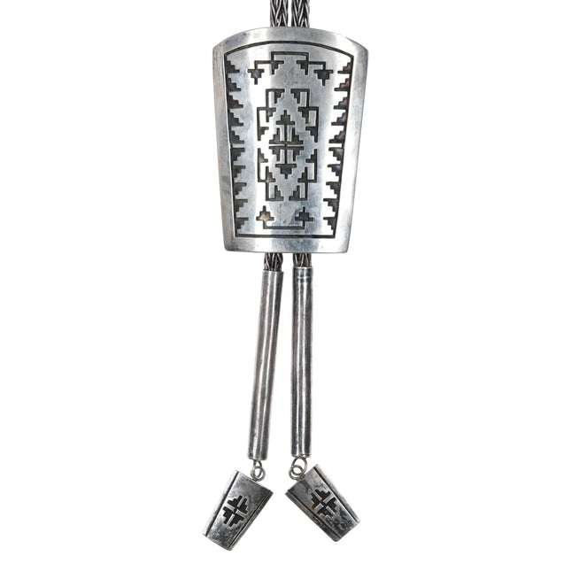 Large Everett & Mary Teller Navajo sterling bolo tie with woven silver cord - Estate Fresh Austin