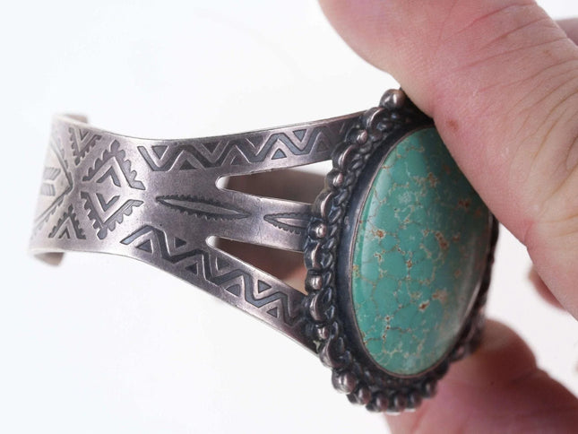 6.37" Fred Harvey Era Navajo Sterling/turquoise arrow stamped cuff bracelet - Estate Fresh Austin