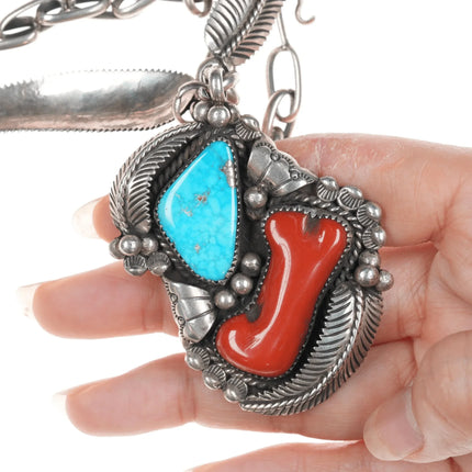 Large Julia Martinez Navajo Sterling Turquoise and Coral Feather necklace - Estate Fresh Austin