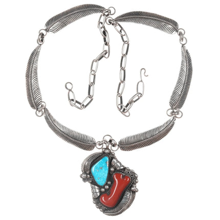 Large Julia Martinez Navajo Sterling Turquoise and Coral Feather necklace - Estate Fresh Austin
