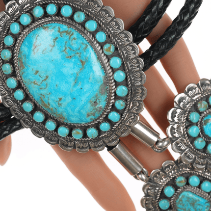 Large Larry Etcitty Navajo 14k accented Sterling Kingman turquoise cluster bolo tie - Estate Fresh Austin