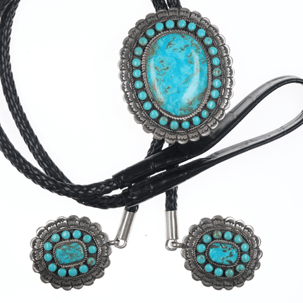 Large Larry Etcitty Navajo 14k accented Sterling Kingman turquoise cluster bolo tie - Estate Fresh Austin