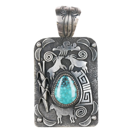 Large Lorenzo Juan Navajo sterling high grade turquoise pendant - Estate Fresh Austin