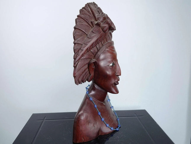 Large Mid Century Bali Carved wood bust with glass eyes - Estate Fresh Austin