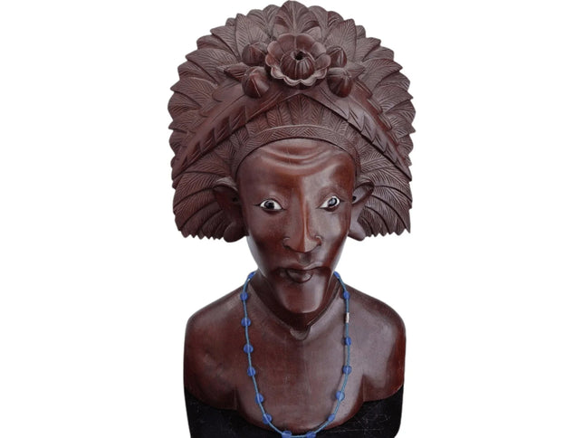 Large Mid Century Bali Carved wood bust with glass eyes - Estate Fresh Austin