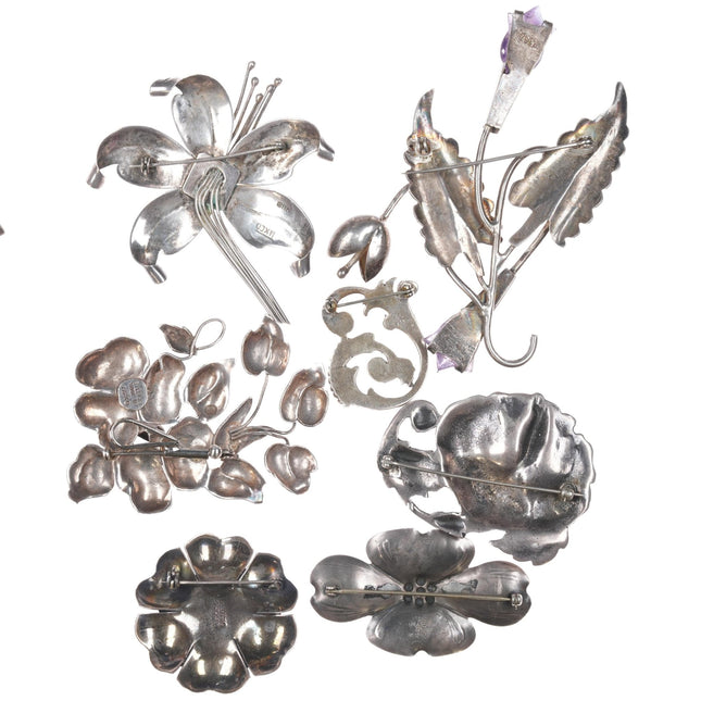 Large Mid Century Taxco Sterling and other flower pin collection - Estate Fresh Austin