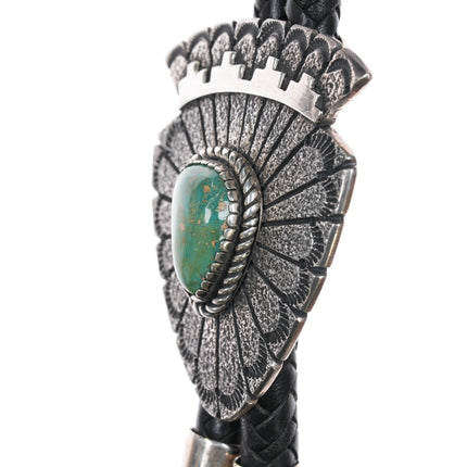 Large Mike Thompson Navajo Tufa Cast sterling high grade turquoise bolo tie - Estate Fresh Austin