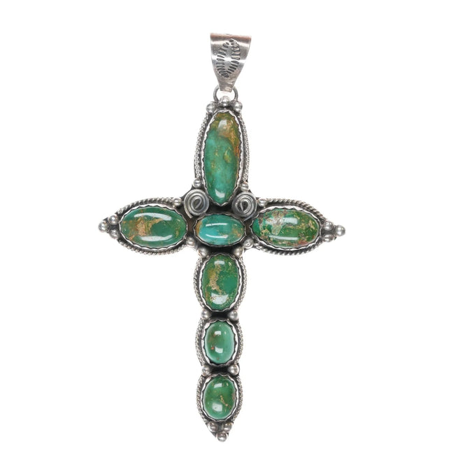Large Native American sterling green turquoise cross pendant - Estate Fresh Austin