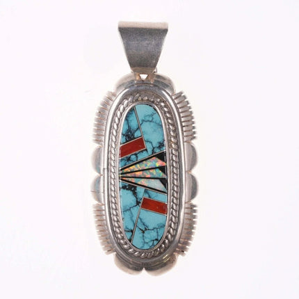 Large Native American Sterling Multi-stone channel inlay pendant - Estate Fresh Austin