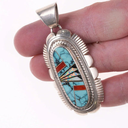 Large Native American Sterling Multi-stone channel inlay pendant - Estate Fresh Austin