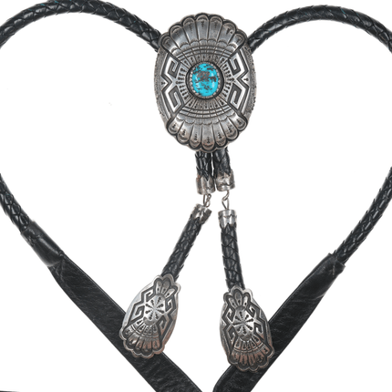 Large Navajo Silver Overlay style bolo tie with turquoise - Estate Fresh Austin