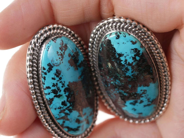 Large Navajo Sterling Eula Wylie Chrysocolla Earrings - Estate Fresh Austin