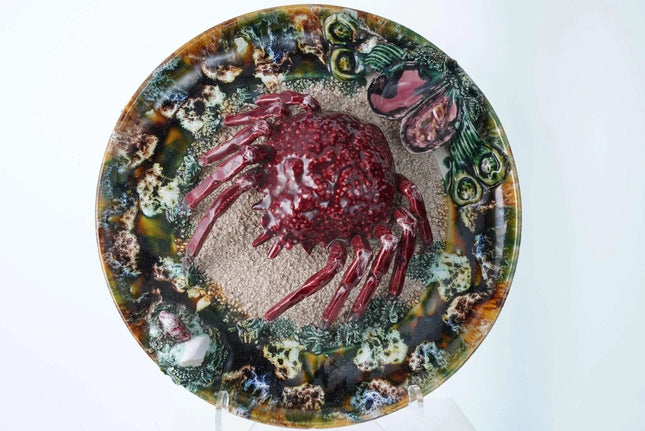 Large Portuguese Majolica Palissy Ware Crab Charger - Estate Fresh Austin