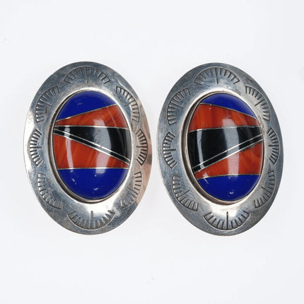 Large Retro southwestern sterling channel inlay stone Clip-on earrings - Estate Fresh Austin
