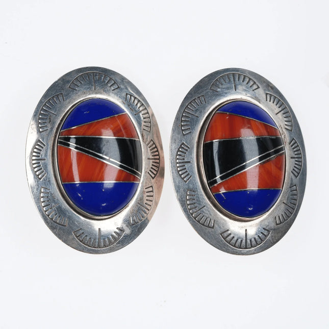 Large Retro southwestern sterling channel inlay stone Clip-on earrings - Estate Fresh Austin