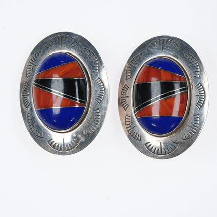 Large Retro southwestern sterling channel inlay stone Clip-on earrings - Estate Fresh Austin