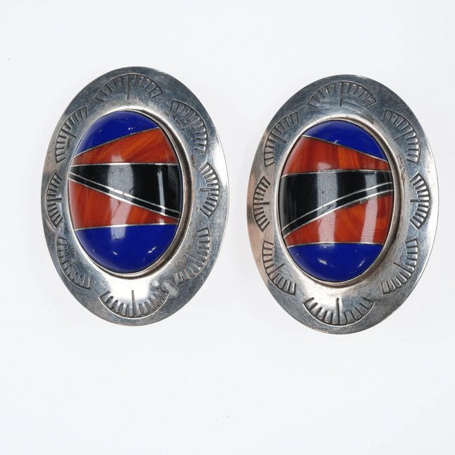 Large Retro southwestern sterling channel inlay stone Clip-on earrings - Estate Fresh Austin