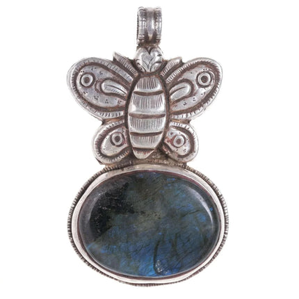Large Reversible Vintage Asian Sterling Repousse Labradorite Pendant - Estate Fresh Austin