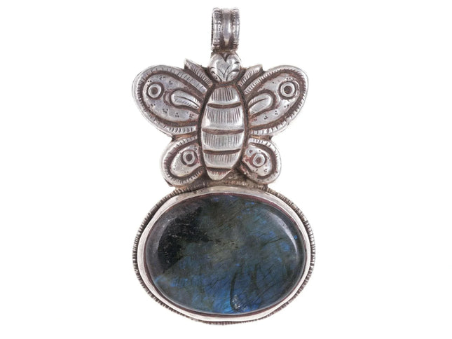 Large Reversible Vintage Asian Sterling Repousse Labradorite Pendant - Estate Fresh Austin