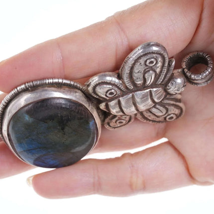 Large Reversible Vintage Asian Sterling Repousse Labradorite Pendant - Estate Fresh Austin