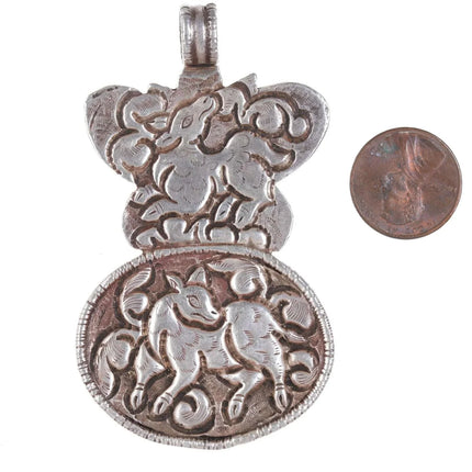 Large Reversible Vintage Asian Sterling Repousse Labradorite Pendant - Estate Fresh Austin