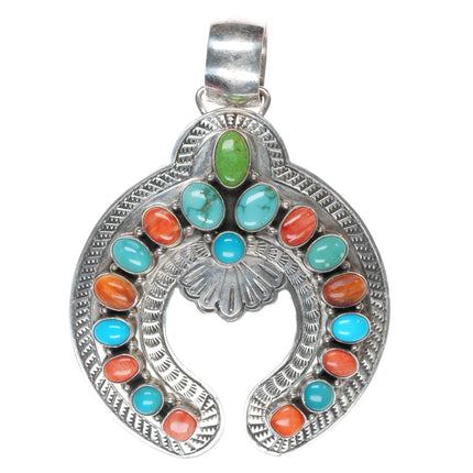 Large Robert Bird Navajo sterling turquoise, spiny oyster gaspeite pendant - Estate Fresh Austin