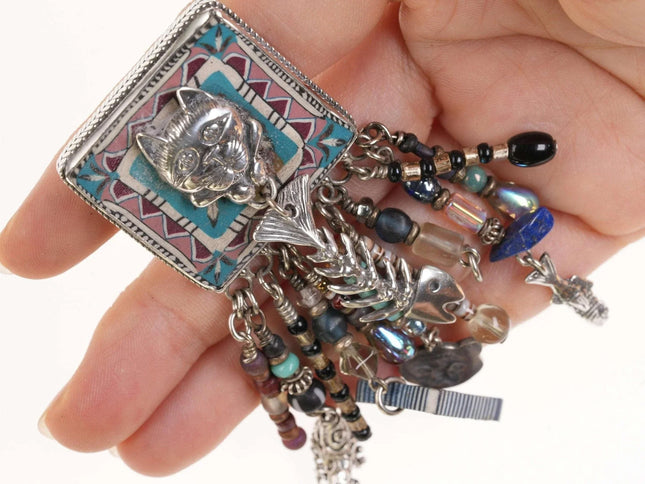 Large Southwestern sterling Whimsical Cat and fish pin - Estate Fresh Austin