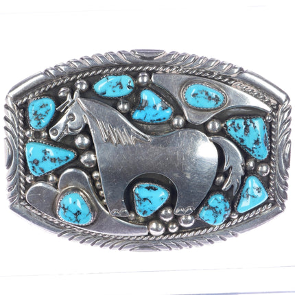 Large Sterling Tommy Moore Navajo horse belt buckle with turquoise - Estate Fresh Austin