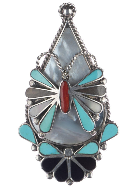 Large Tony Ohmsatte Zuni Sterling multi - stone/shell channel inlay butterfly pendant - Estate Fresh Austin