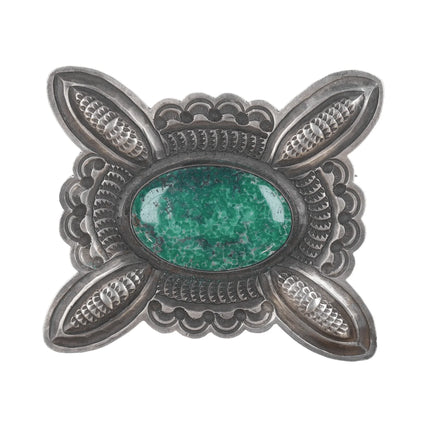 Large Vintage Hand stamped Navajo silver and variscite pin - Estate Fresh Austin