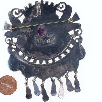 Large Vintage Matl Sterling Turquoise Amethyst repousse birds pendant/pin - Estate Fresh Austin