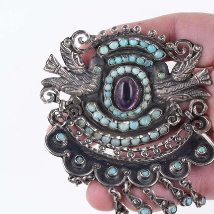 Large Vintage Matl Sterling Turquoise Amethyst repousse birds pendant/pin - Estate Fresh Austin