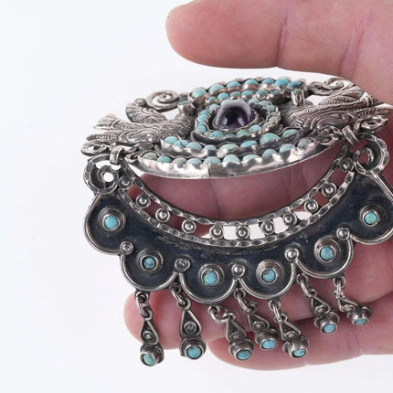 Large Vintage Matl Sterling Turquoise Amethyst repousse birds pendant/pin - Estate Fresh Austin